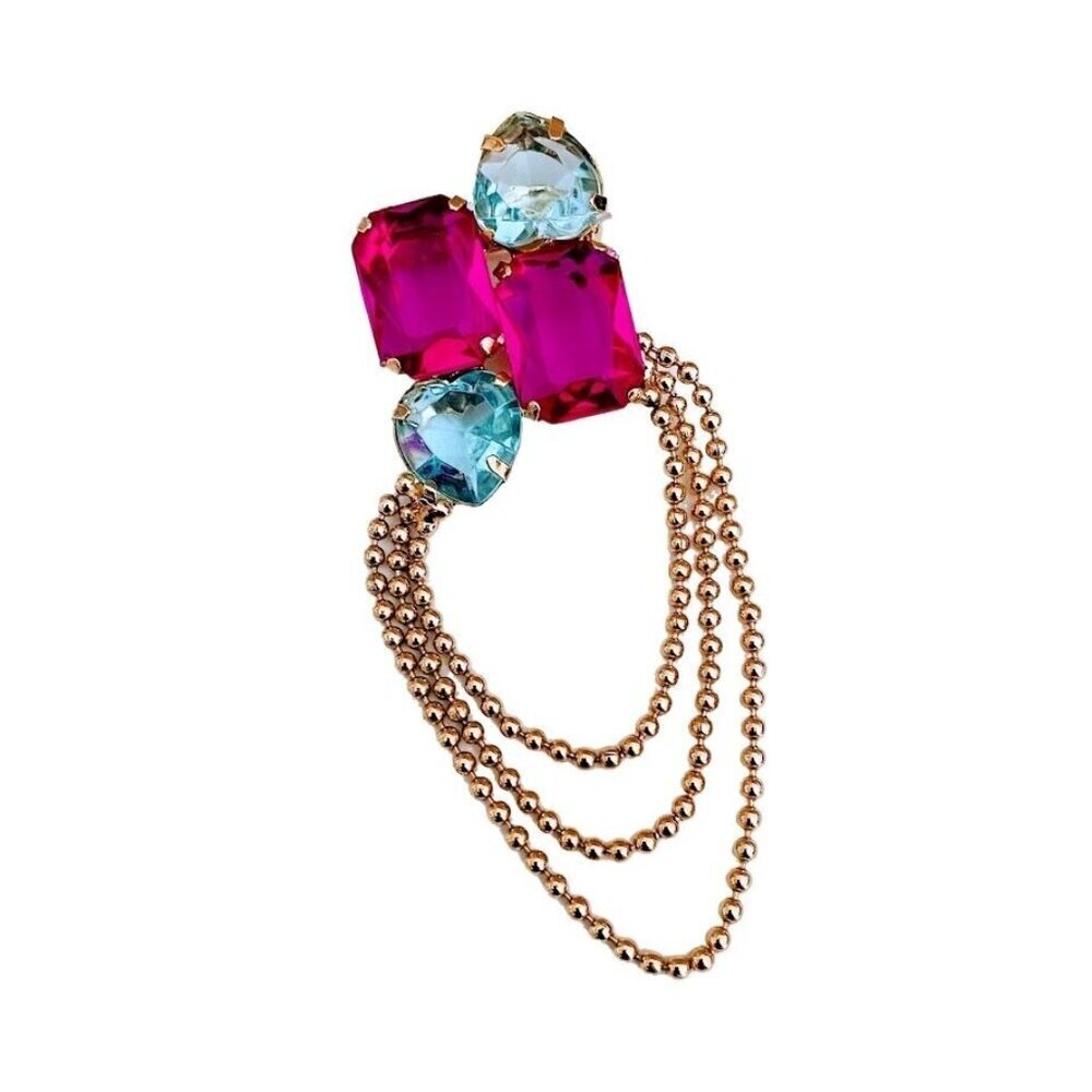 Vintage Gold-Tone Brooch With Pink & Blue Gemstones And Chain Drape Detail